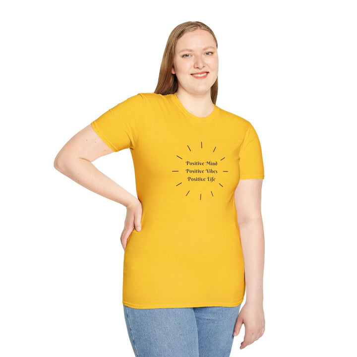 Woman wearing yellow Positive Vibes T-Shirt with casual fit