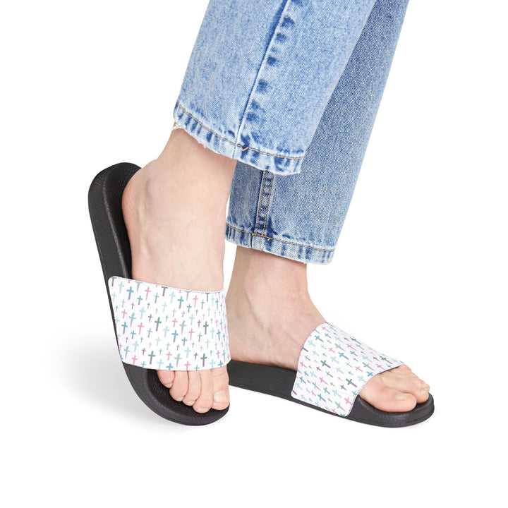 Women's Christian sandals with cross print on neoprene straps