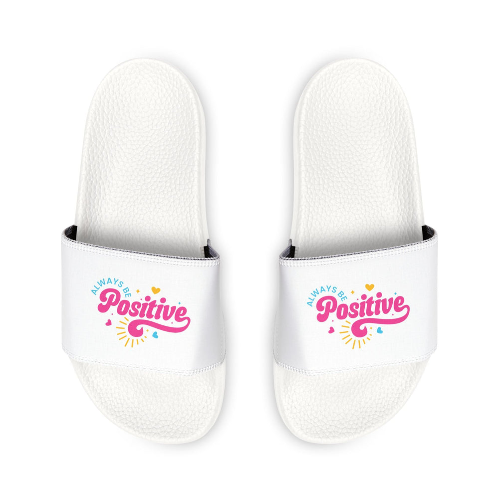 Women's motivational sandals with "Always Be Positive" printed straps