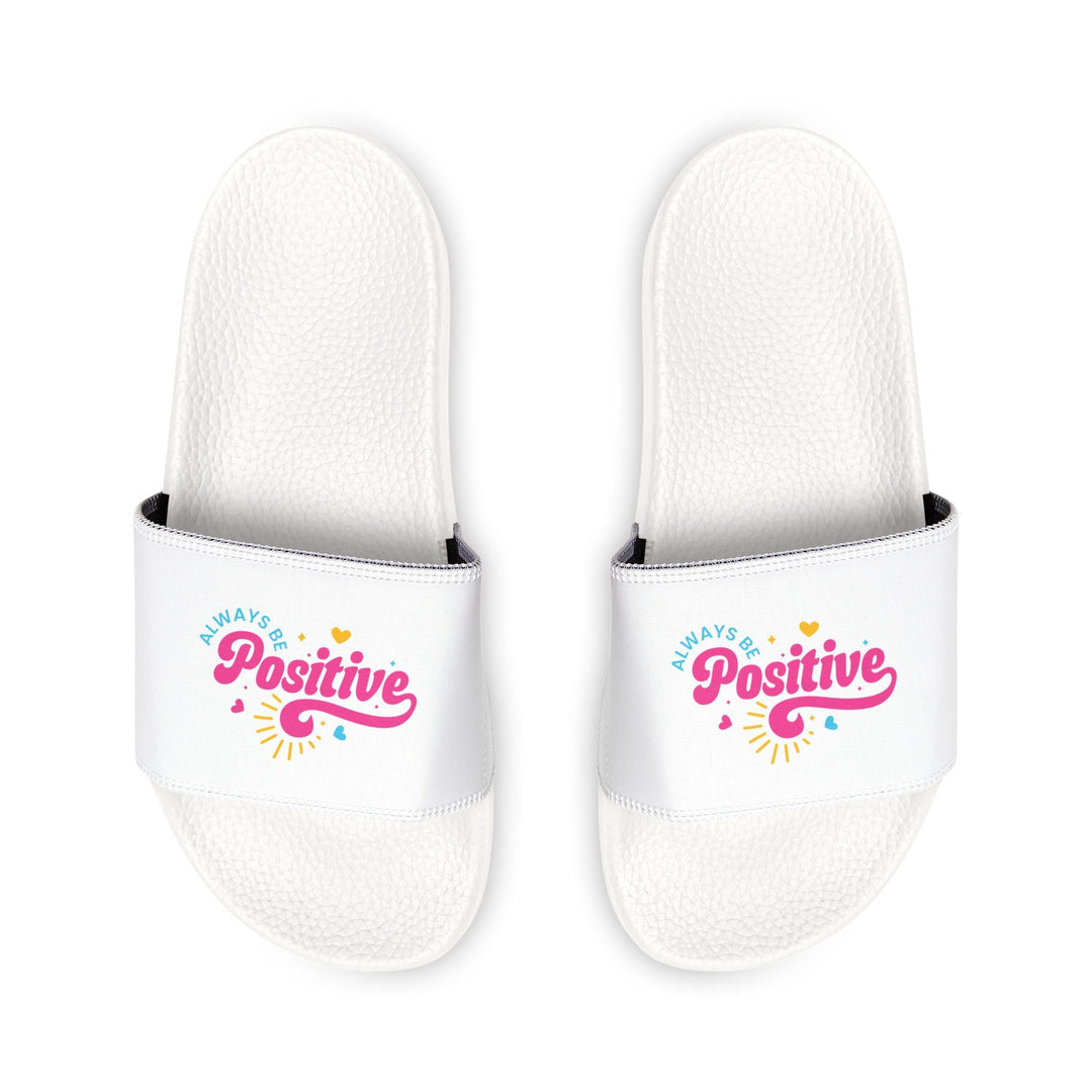 Women's motivational sandals with "Always Be Positive" printed straps
