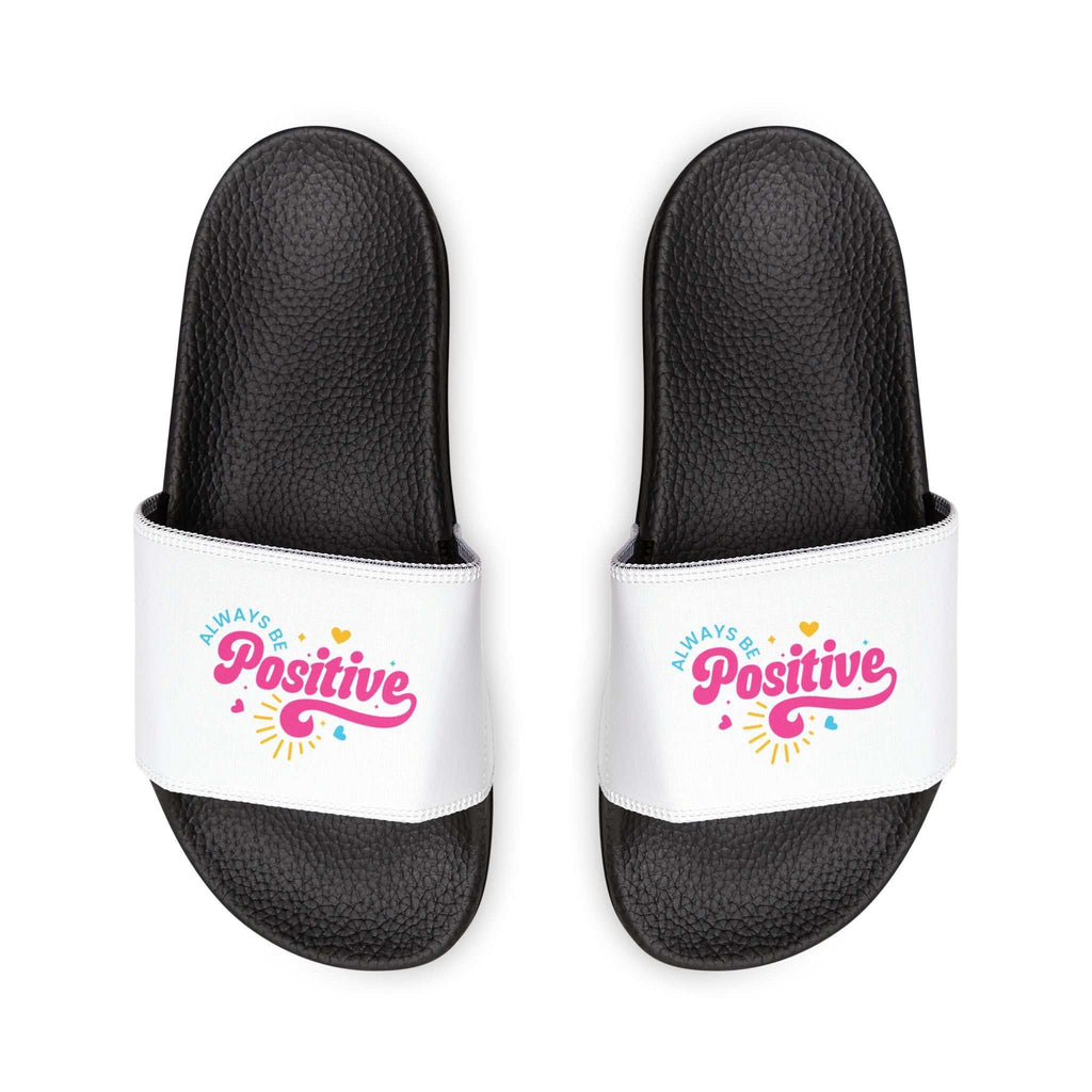 Women's motivational sandals with black soles and white printed straps