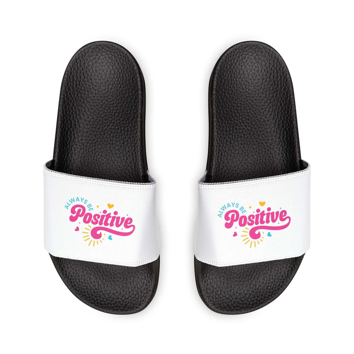 Women's motivational sandals with black soles and white printed straps