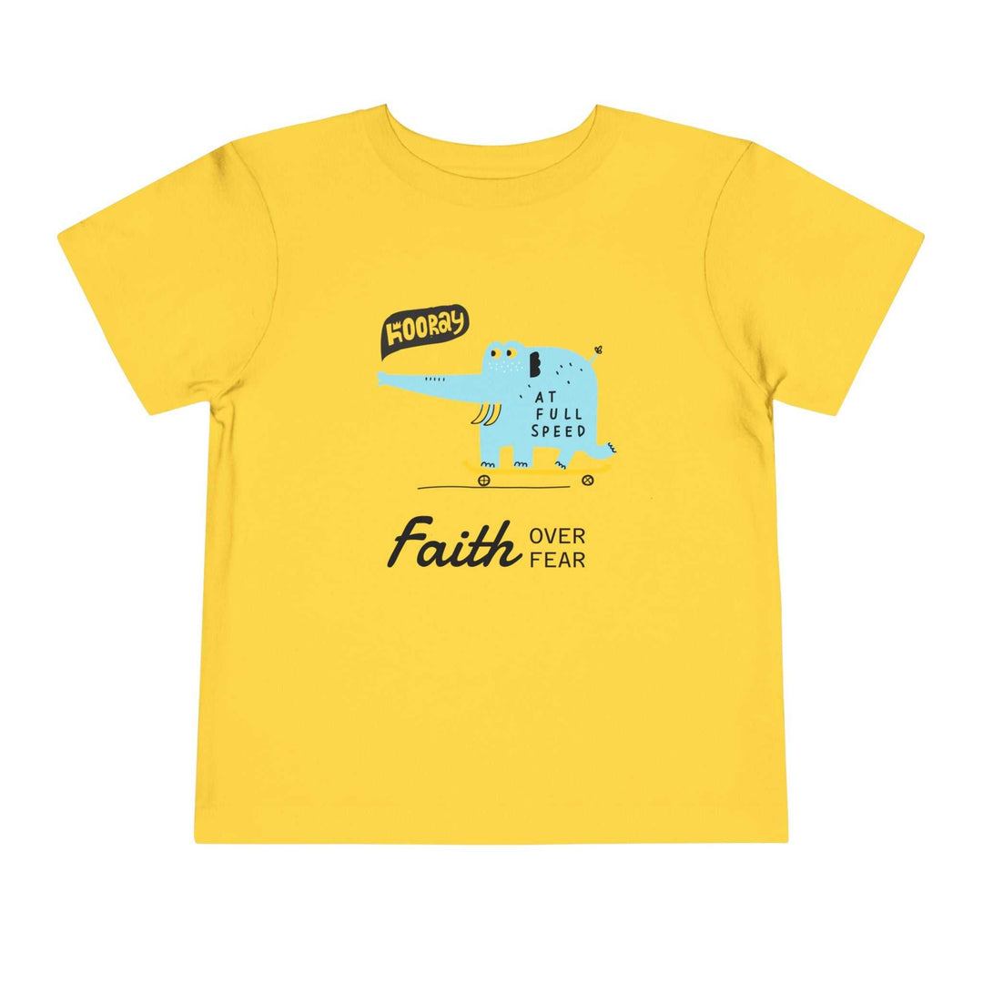 Yellow toddler t-shirt with blue alligator and "Faith Over Fear" text