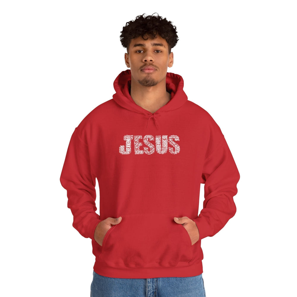 Young man wearing red Jesus hoodie with kangaroo pocket