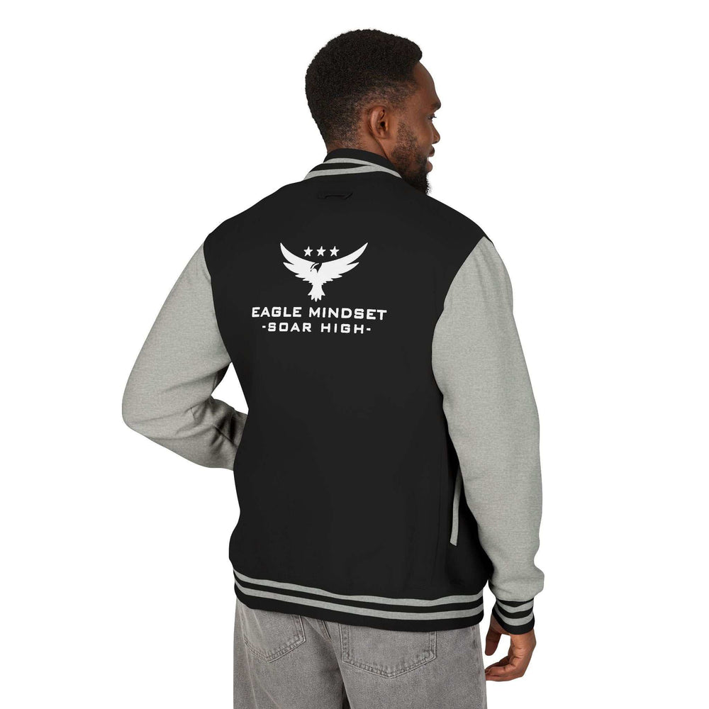 Black and grey Eagle Mindset jacket with eagle graphic and "soar high" text on back, made of durable cotton and polyester blend for casual wear