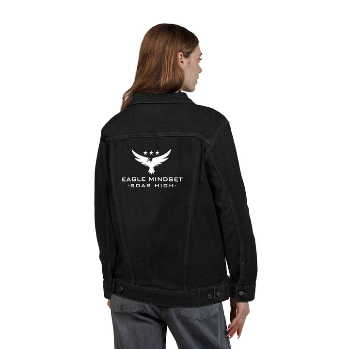 Black Eagle Mindset denim jacket with back logo, worn by a woman, featuring chest pockets and button details.