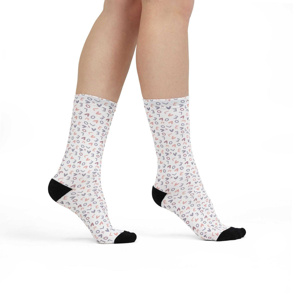 white crew socks with love graphic pattern and black heel