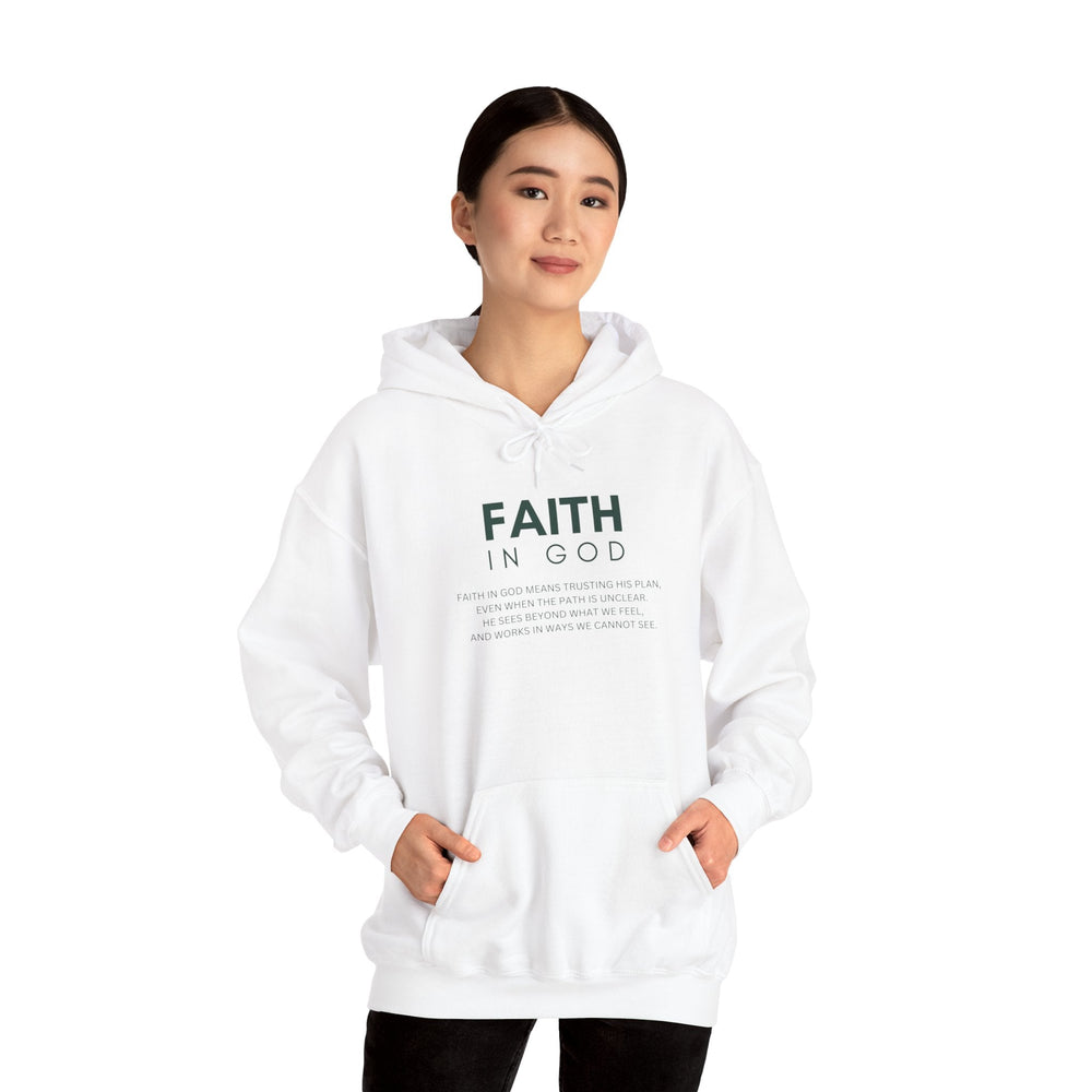 Woman wearing white Faith in God hoodie with front pocket and bold faith-inspired text design