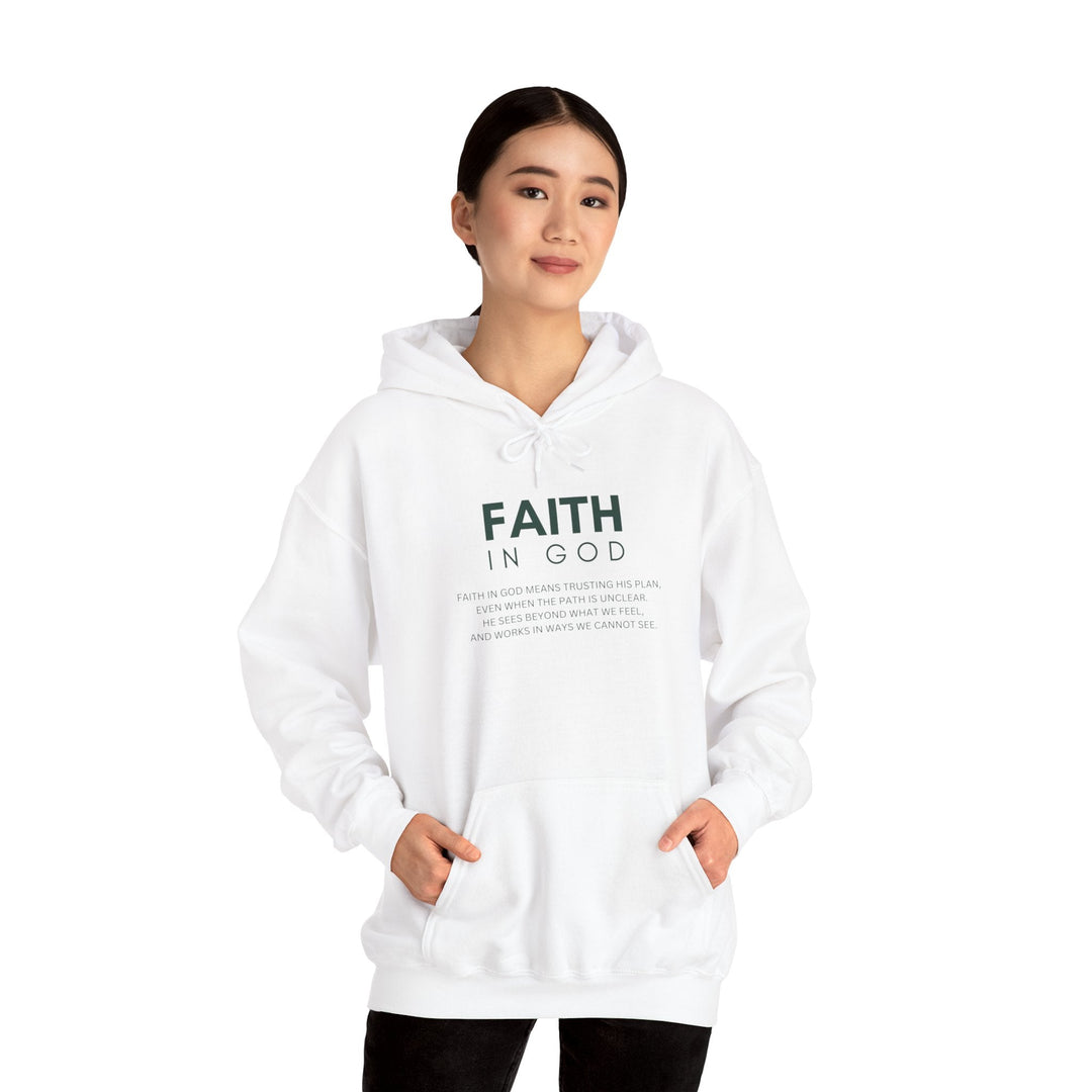 Woman wearing white Faith in God hoodie with front pocket and bold faith-inspired text design
