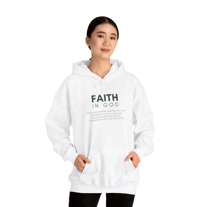 Woman wearing white Faith in God hoodie with front pocket and bold faith-inspired text design