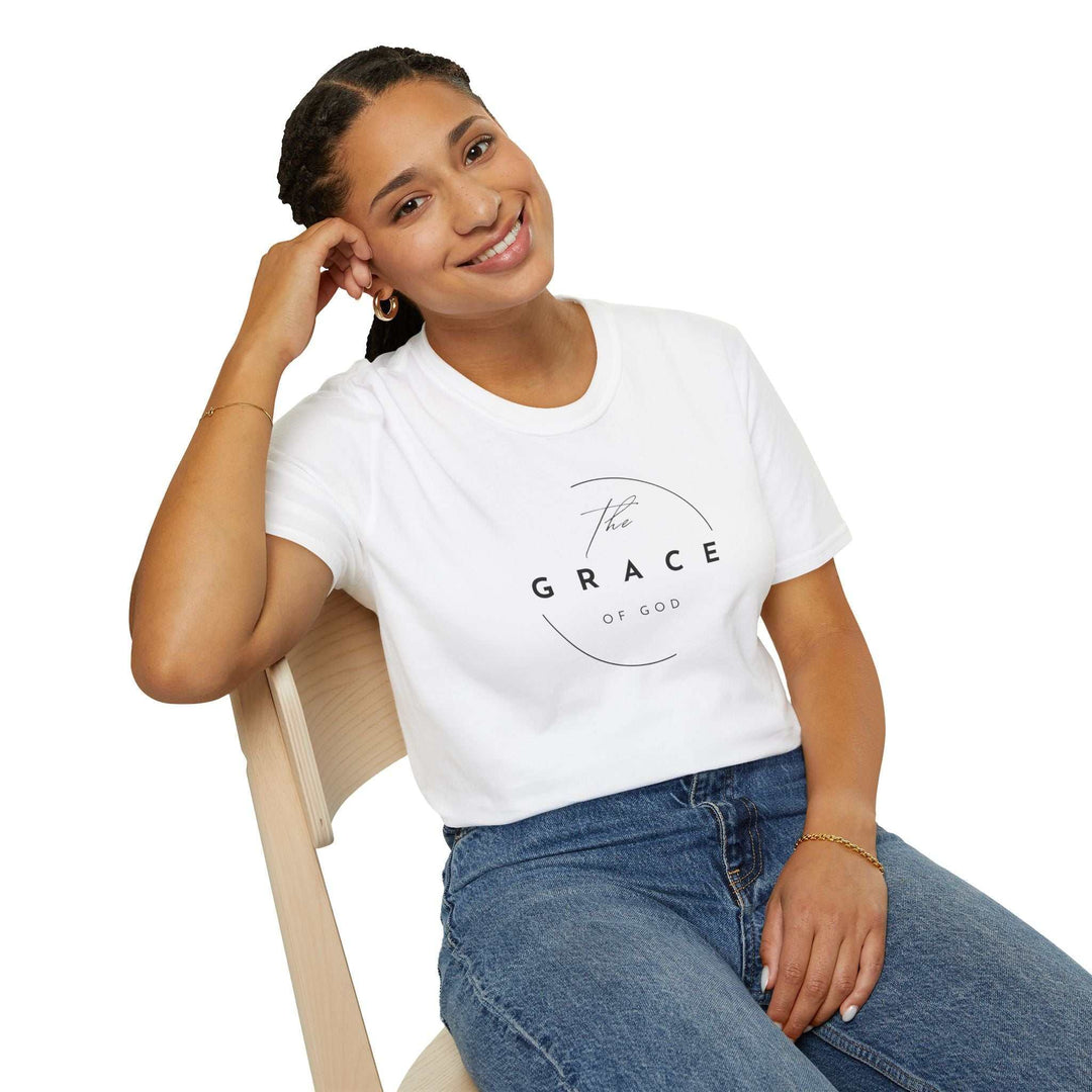 woman wearing white Grace of God T-Shirt